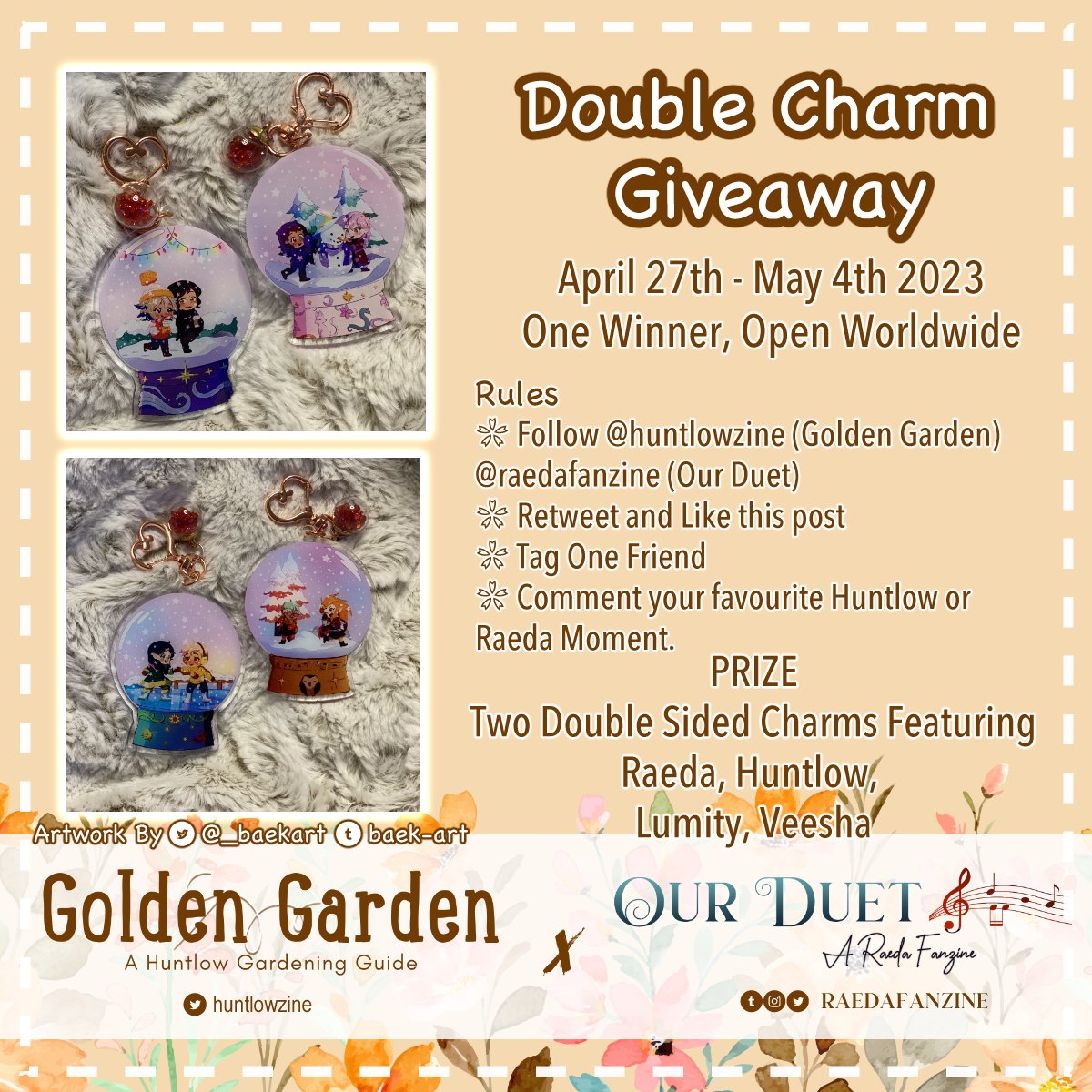 To celebrate our IC opening on June 1 and <a href="/Raedafanzine/">Our Duet: A TOH Raeda Fanzine</a> opening pre-orders in May, we are hosting a collab giveaway!

RULES
April 27 - May 4
Follow <a href="/Raedafanzine/">Our Duet: A TOH Raeda Fanzine</a> and <a href="/huntlowzine/">Golden Garden: A Huntlow Gardening Guide</a> 
RT/Like this post
Tag One Friend
Comment your fave #Raeda or #Huntlow moment 

Artwork by <a href="/_baekart/">𝙱𝚊𝚎𝚔 ❀ | Working | Hatsukoi 2025 🩶</a>