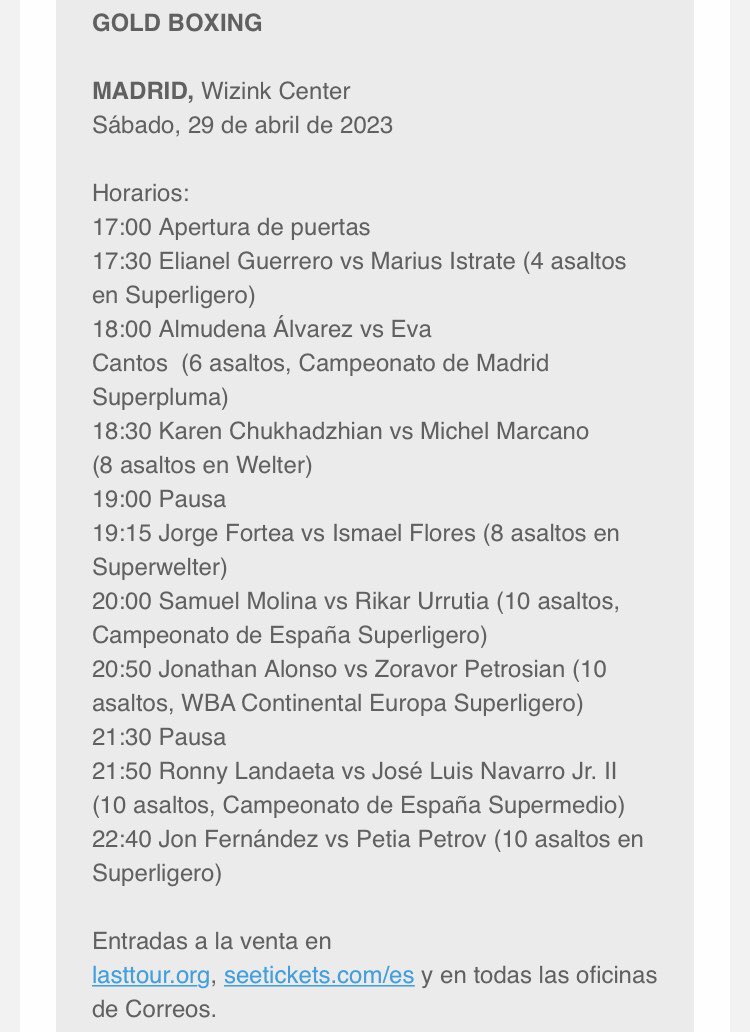 prensaboxeo's tweet photo. Aquí tenemos los horarios confirmados de la velada de este sábado en el WiZink Center de Madrid. https://t.co/18A2UZYfci