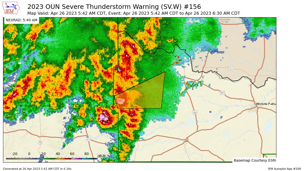 TexasStormAlert's tweet image. OUN issues Severe Thunderstorm Warning [wind: 60 MPH (RADAR INDICATED), hail: 1.50 IN (RADAR INDICATED)] for Foard, Hardeman [TX] till 6:30 AM CDT mesonet.agron.iastate.edu/vtec/f/2023-O-…