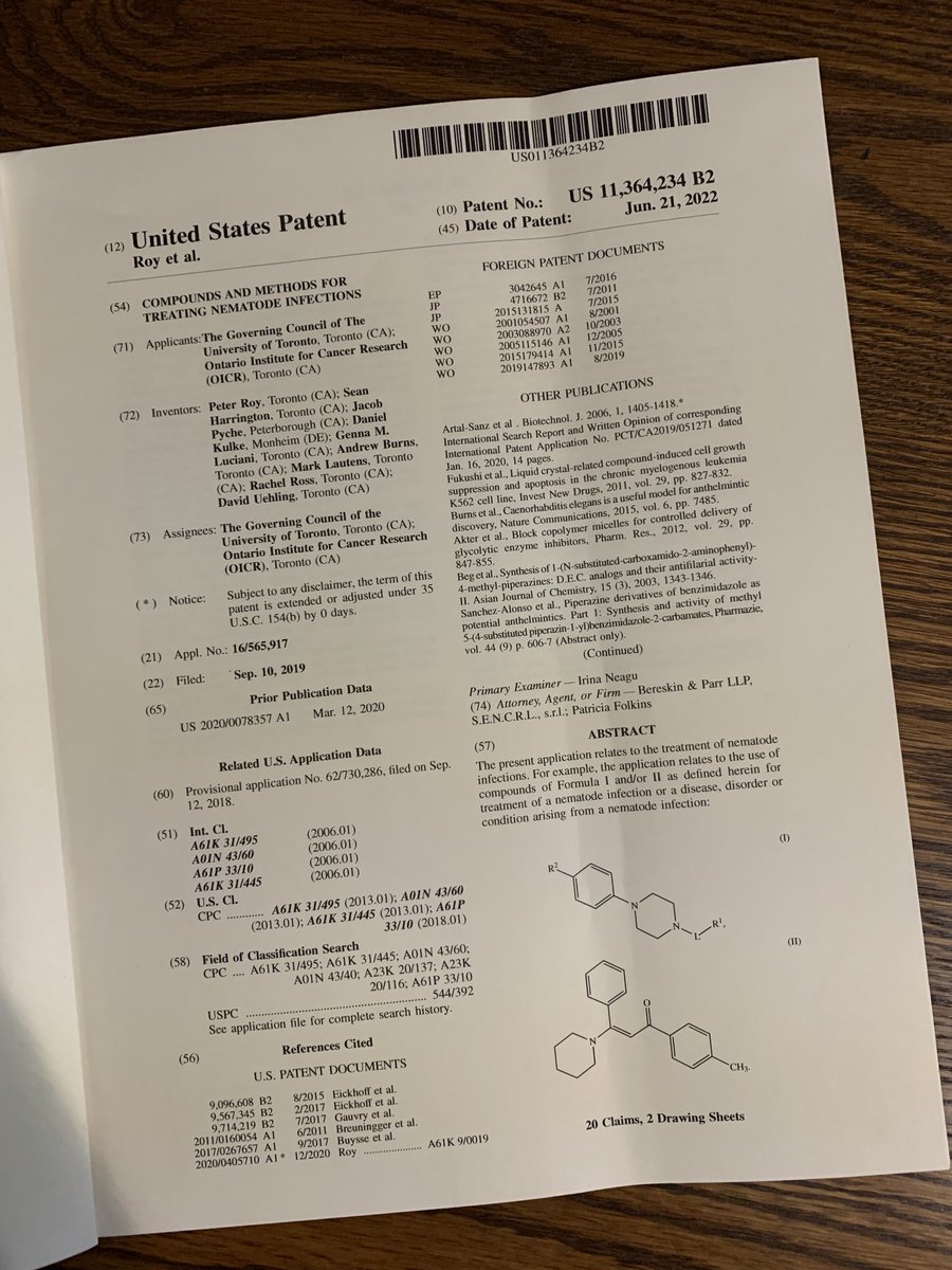 Thrilled to receive the paper copy from the US Patent Office for the lab’s first #USPatent for our Nemacol anthelmintic small molecule.