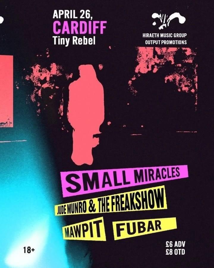 Tonight we play @TinyRebelCdff l with the fabulous @_smallmiracles along with Jude Munro & The Freakshow and Fubar! It's going to be an exciting night so grab your tickets whilst you can! ✨