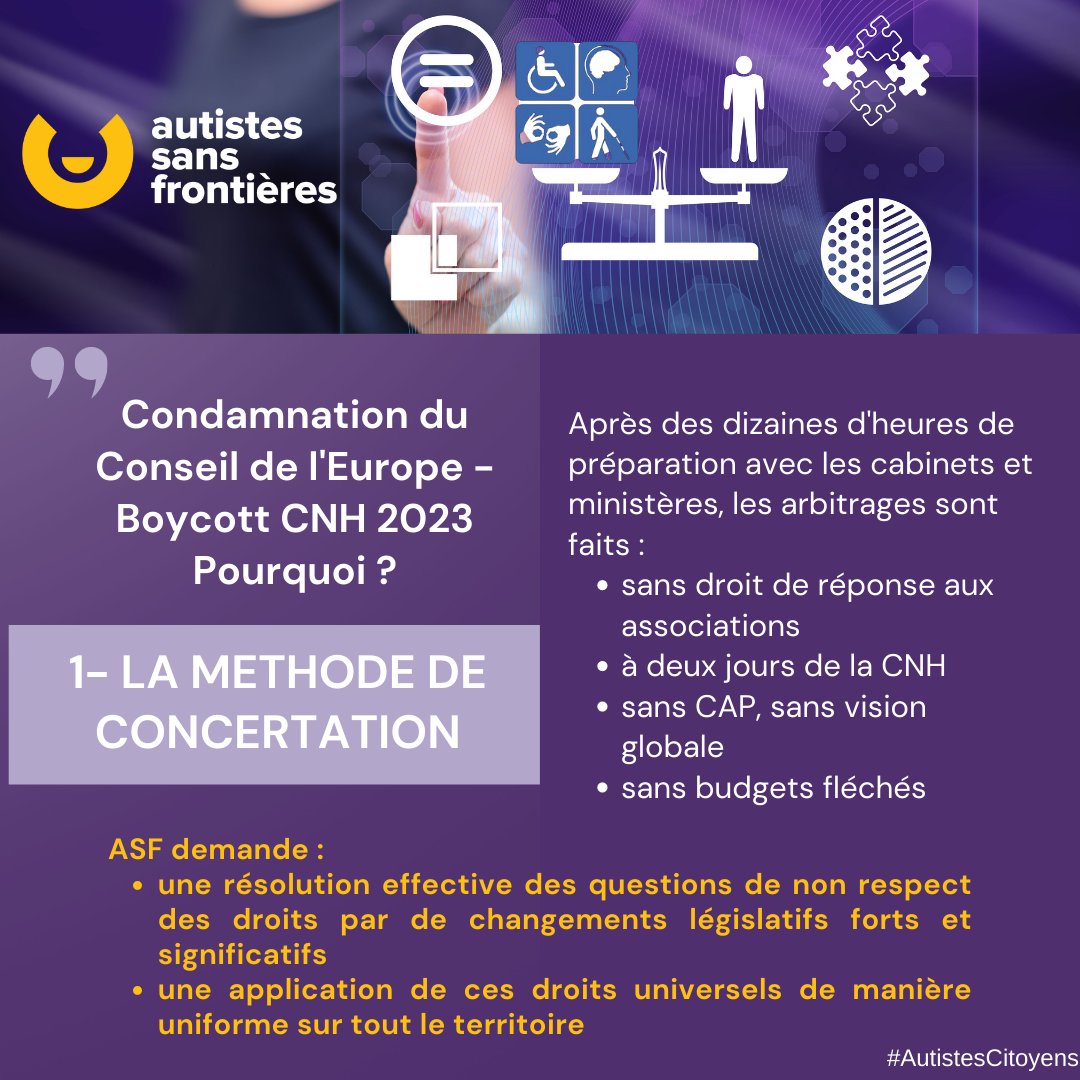 Autistes sans frontières,solidaire au sein du Collectif Handicaps, boycotte la Conférence Nationale du Handicap du 26 avril 2023
6 raisons - N°1 La méthode de concertation
#handicap #AutistesCitoyens
<a href="/CHandicaps/">Collectif Handicaps</a>