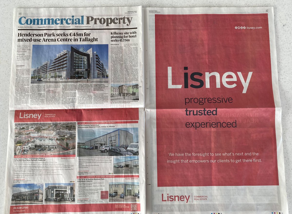 LisneyIreland's tweet photo. We are proud to see our brand refresh looking strong in today’s @IrishTimes commercial property supplement. ✨
#lisney #cre #conmercialrealestate https://t.co/l9rJjaznVQ