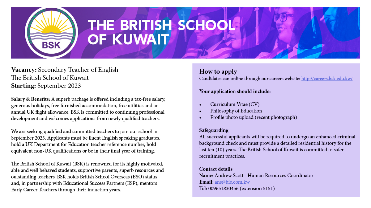 NATEfeed's tweet image. Secondary English teacher vacancy at The British School of Kuwait - starting September 2023. View the job advert on NATE's new job recruitment page: nate.org.uk/english-teachi…