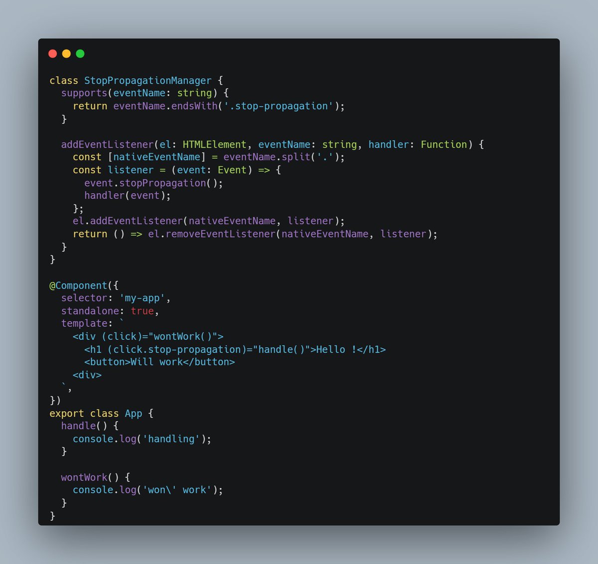 #Angular never ceases to amaze me. I have heard about EventManager, but only now tried it out in the wild. Here is a basic example of adding a "stop-propagation" syntax to all events in an Angular app: