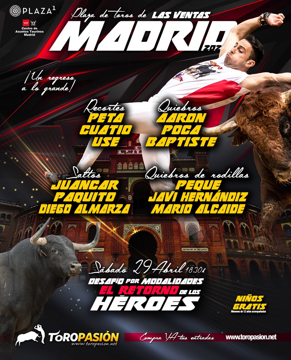 🅜🅐🅓🅡🅘🅓 LISTADO OFICIAL
Estos son los 12 titanes que se batirán en duelo este sábado en LAS VENTAS, en el regreso de la tauromaquia a cuerpo limpio a la primera plaza del mundo 💥

📆 Sábado 29
⏰ 18:30h
💥 El Retorno de los Héroes, desafío de recortadores por modalidades