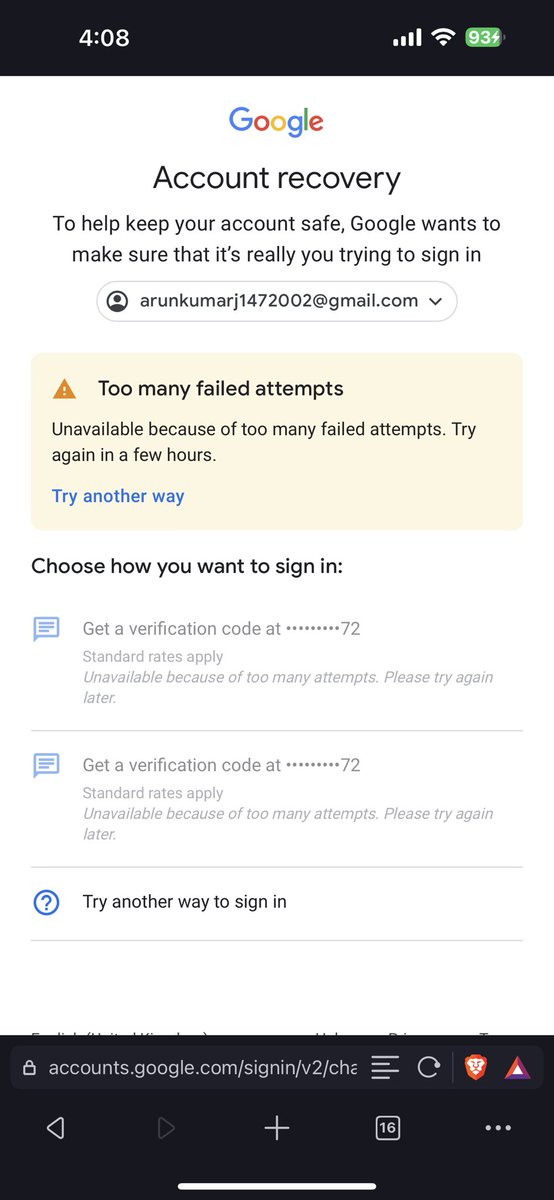 AllenRayansonR's tweet photo. @Google @GoogleIndia @gmail please help me to recover the below email as i only get code to the number which ends at 72, the recovery email is same as arunkumarj1472002@gmail.com i dont get email code. Another way is also not working https://t.co/QZhW7TRUcT