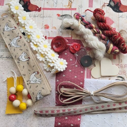 A Mixed Media Pack - grab bag - slow stitching pack for applique - Wall Art - Textile Art - embroidery, includes fabrics, mini yarn skeins,
 etsy.me/3As6DCS  #mixedmedia #textiles #grabbag #slowstitching
#etsy #chicken