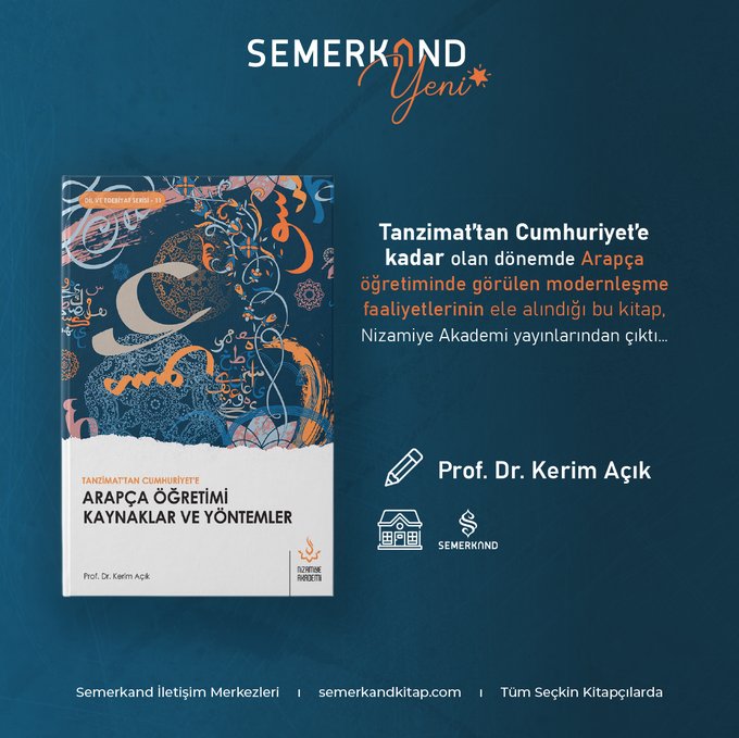 ARAPÇA ÖĞRETİMİ 
KAYNAKLAR VE YÖNTEMLER 

Tanzimat'tan Cumhuriyet'e kadar olan dönemde, Arapça öğreniminde görülen modernleşme faaliyetlerinin ele alındığı bir eser... 

semerkandkitap.com/urun/tanzimatt… 

#arapça #öğrenim #kaynak #yöntem  #semerkandkitap #iyiokuriyikitapokur