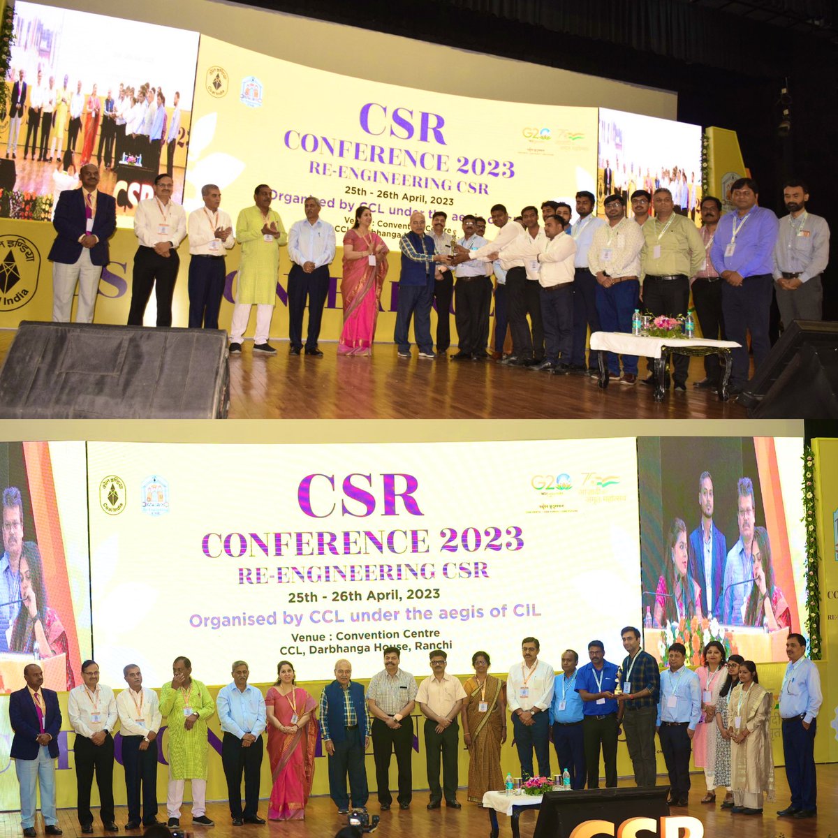 CCLRanchi's tweet photo. CCL wins the best stall award at the CSR Conference 2023. 

#TeamCCL and @mahanadicoal shared first place in the best stall category. Winners of the Brainstorming sessions were also recognised at the event.
Congratulations to everyone who won. https://t.co/VUwFrohhth