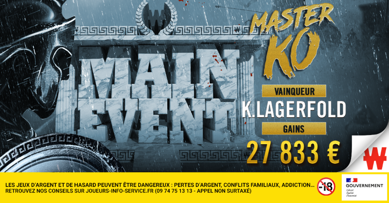 Winamax's tweet photo. ⚔️ K.LAGERFOLD a enfilé le costume de champion du #MainEventMasterKO. Son défilé de mains est à revoir dans notre replay. ⤵️