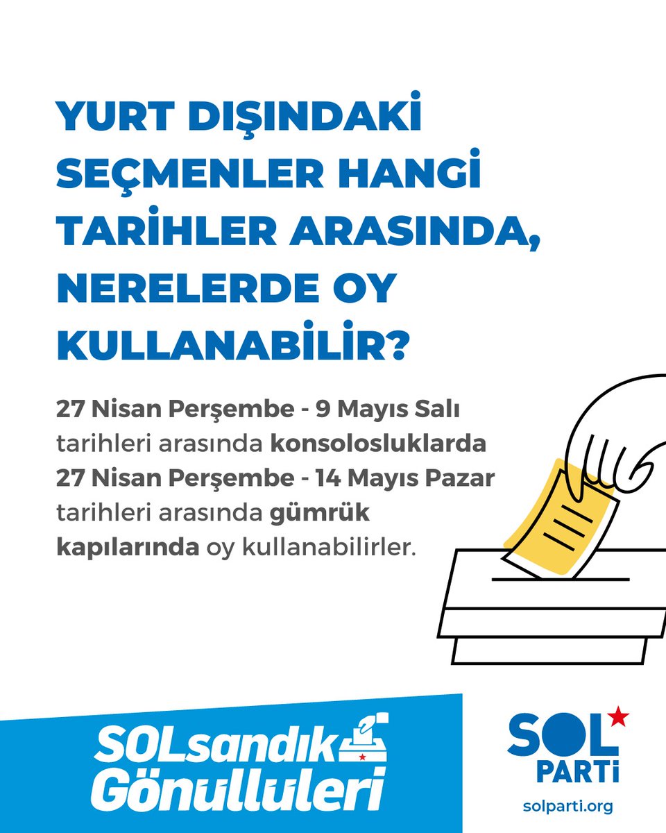 sandikgonullusu's tweet photo. 3 milyon 416 bin 98 seçmen Yurtdışında oy kullanacak.

Bütün oylarımızı korumak için sen de SOL Sandık Gönüllüsü ol 👇
🔗https://t.co/QyuZxutFV3 https://t.co/Y4CyQunD8h
