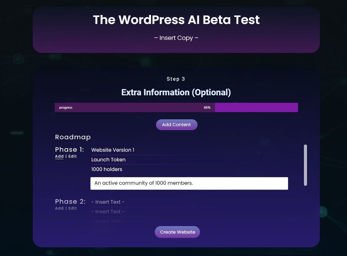 AllamNarci69226's tweet photo. @cryptogems555 Wordpress Ai are VERY excited to share our $WPAI Whitepaper!
Our dApp recipe we've been waiting to share is included 💎
And here’s a sneak peak of the beta version 🚀🌝😏

$WPAI #WPAI #WordpressAI #Wordpress #AI #WebsiteBuilder

$WPAI dApp Recipe https://t.co/dwTs237MVj