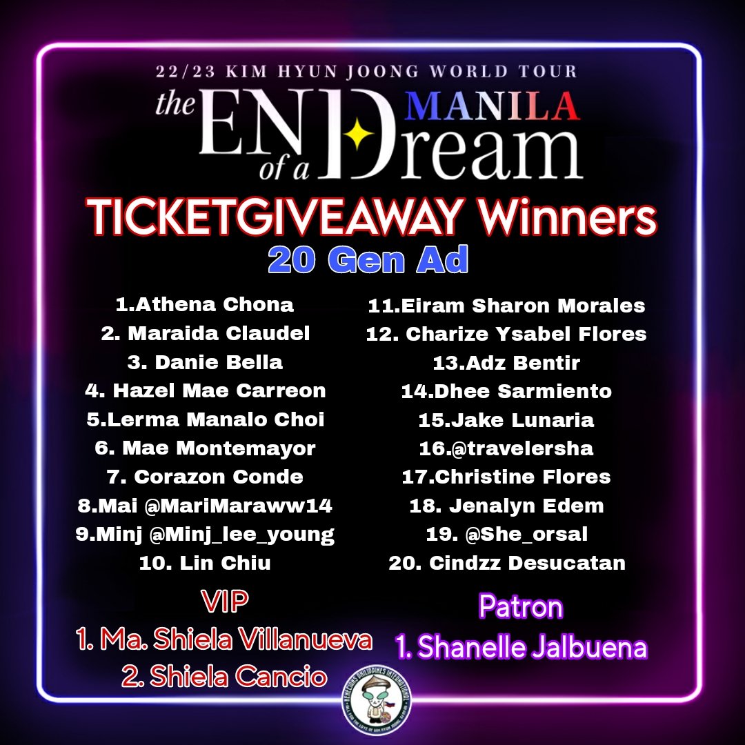 Below are the winners of 20 Gen ad , 2 VIP &amp; 1 Patron tickets  for #TEDinManila! 

CONGRATULATIONS! 🥳

Tickets will be claimed : 
April 28, 2023 
10:00 am 
Icebergs South Drive
Incharge : Ressyl &amp; Cleng

P.S. kindly dm us your full name 😊😊 Thank you