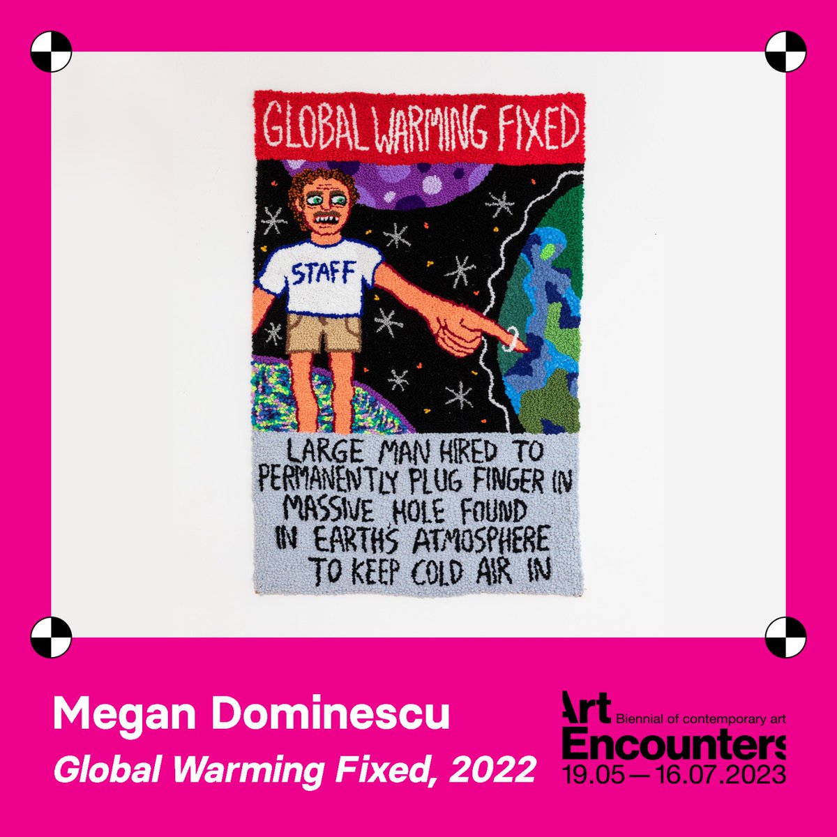 The ironic, colorful tapestries of the young artist Megan Dominescu need no further explanation. They invite viewers to rethink the entire fast-media experience. Her works can be admired within the venues of the Art Encounters Biennial 2023 (May 19 – July 16, 2023).