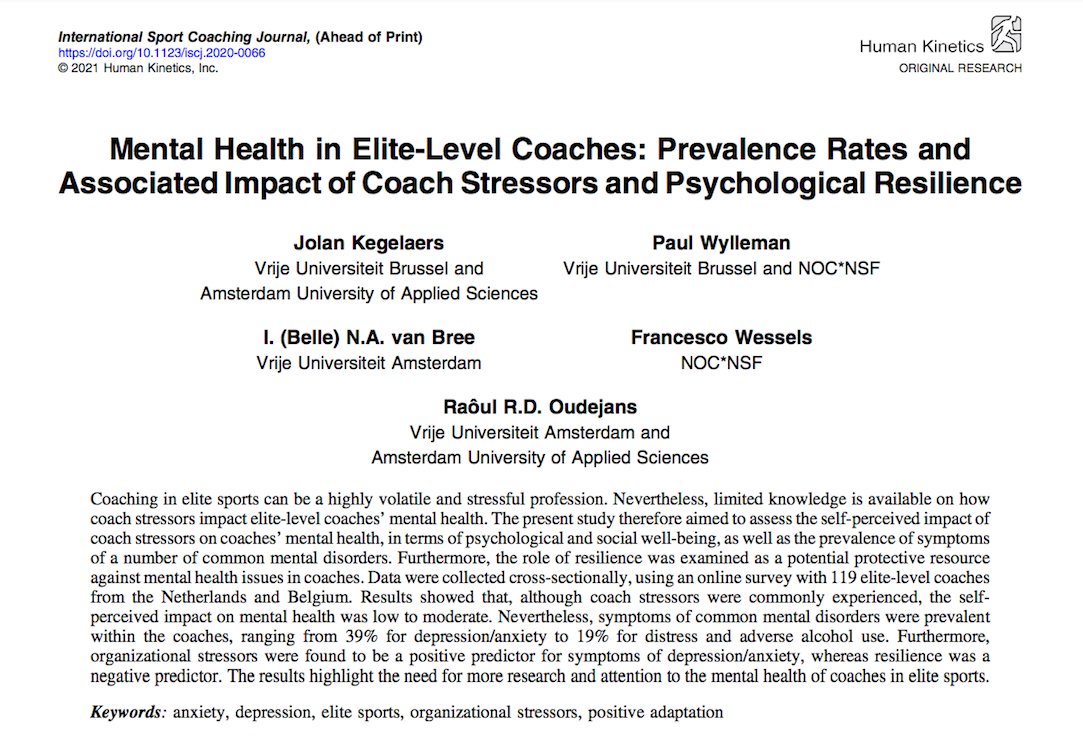 ¿Padecen estrés los entrenadores?, ¿consumen alcohol o drogas?, ¿cómo es salud mental?
En 119 entrenadores/as de alto nivel el 39% mostró depresión/ansiedad y un 19% angustia y consumo adverso de alcohol.
¿Cuándo se va a empezar a cuidar al entrenador?
journals.humankinetics.com/view/journals/…