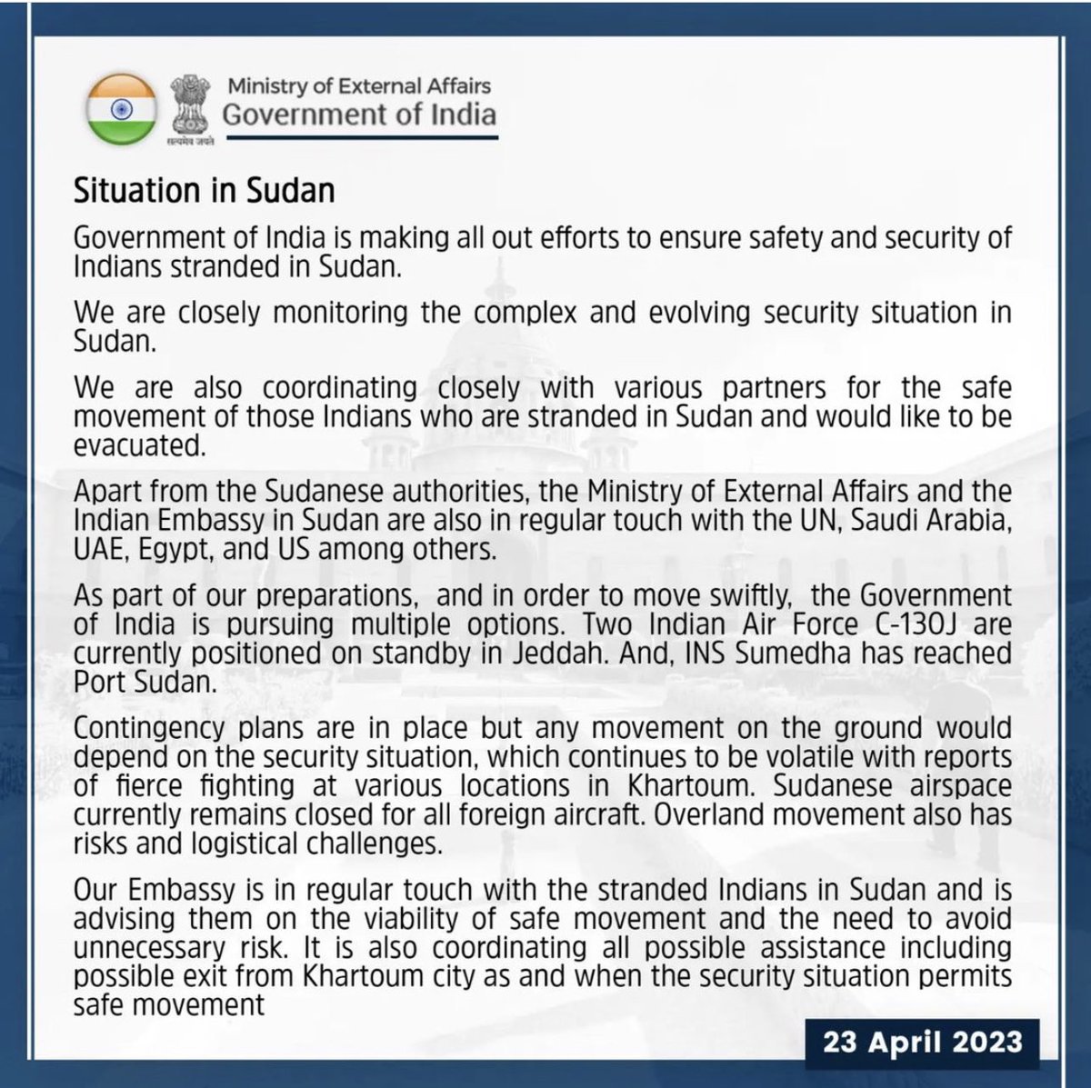#OperationKaveri 
#Situation_in_Sudan 
Praying for Safety &amp; Security of Stranded Indians in Sudan 🙏 
#Stay_Positive 🇸🇩 🇮🇳 🇺🇳 
<a href="/MEAIndia/">Randhir Jaiswal</a> <a href="/PMOIndia/">PMO India</a> <a href="/EoI_Khartoum/">India in Sudan</a> <a href="/SUNA_AGENCY/">SUDAN News Agency (SUNA) 🇸🇩</a> <a href="/WFP_Sudan/">WFP Sudan</a> <a href="/UNinIndia/">United Nations in India</a> <a href="/USAIDSavesLives/">USAID's Bureau for Humanitarian Assistance</a> <a href="/usaid_india/">USAID India</a> <a href="/USAID/">USAID</a> <a href="/USAID/">USAID</a>