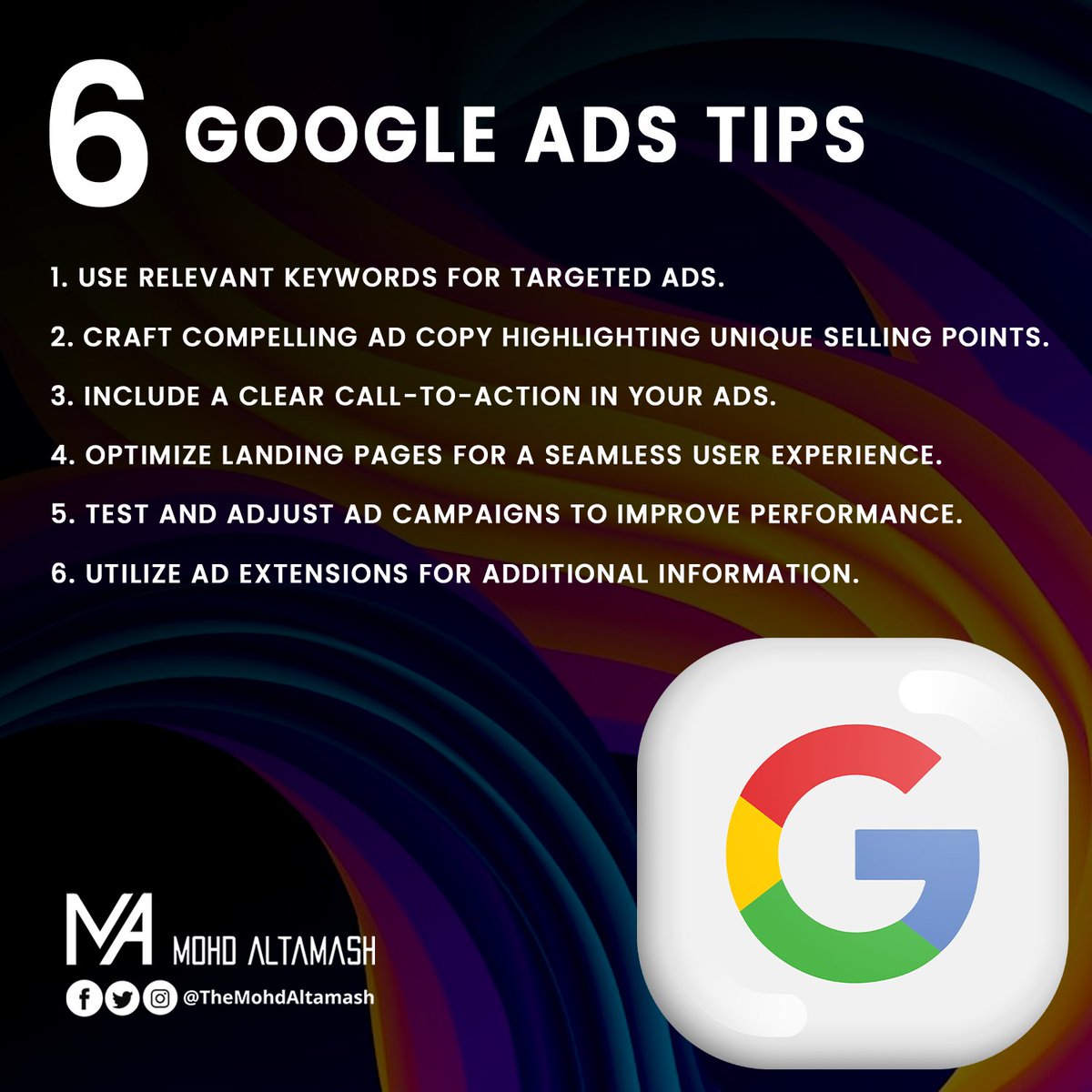 6 Google Ads Tips 
#altamash #googleadads #googleadstips #googleadscampaign #googleads #googleadsexpert #googleadsmarketing #paidcampaigns