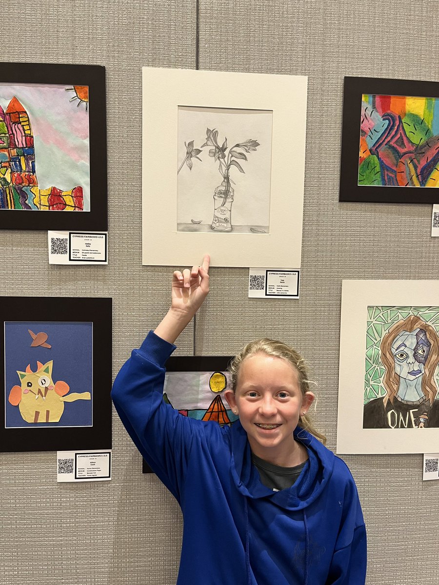 KeithArtRoom's tweet photo. 5th grader Tess showing off her drawing “Beauty in a Bottle” at the CFISD Spring Art Show.
@CFISDKeith @CFISD_FineArts @CFISDArt @SchoolArts @TxArtEd #ThisIsKeith #CFISDcreates #cfisdspirit https://t.co/vjAMnvjxbg