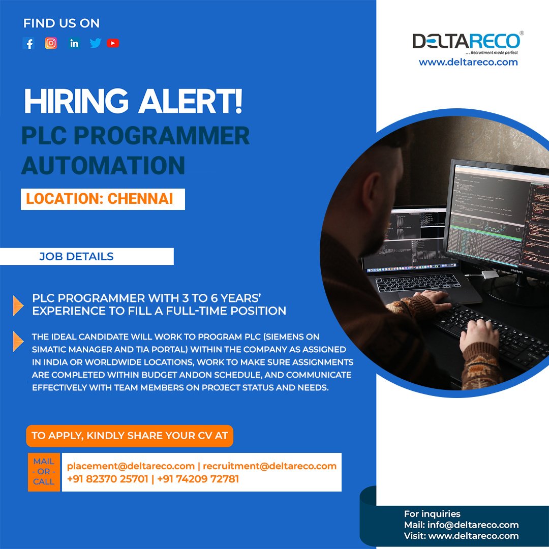 delta_reco's tweet image. We are hiring PLC Programmer Automation for a well-established client in Chennai.
To Apply, kindly share your CV at
placement@deltareco.com recruitment@deltareco.com
+91 82370 25701
+91 74209 72781
#plc #plcsiemens #plcprogrammer #automationengineer #deltareco #hiringalert