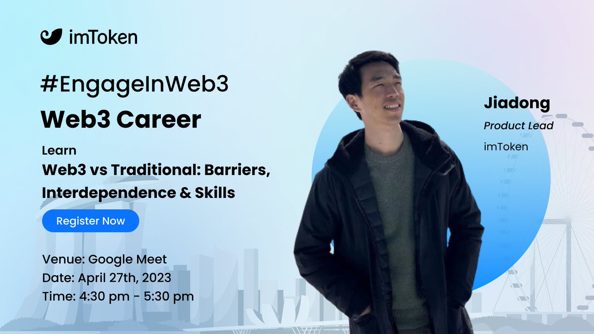 imTokenOfficial's tweet photo. 🥳Thrilled to have Jiadong from @imTokenOfficial, as our featured speaker for #EngageInWeb3.
🙌He'll share insights on careers in Web3 vs traditional industries, including low entry barriers, interdependence between projects, & skillset.
Register now⬇️
https://t.co/asoXrlBNWq https://t.co/HM027iv0nC