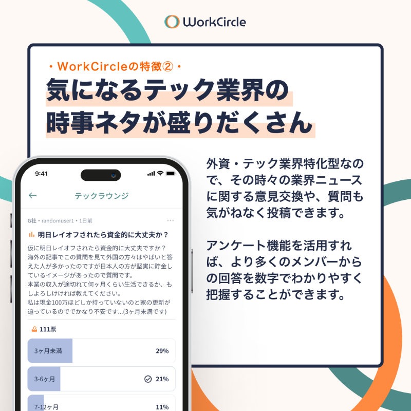 workcircle_jp's tweet photo. WorkCircleの特徴を３つご紹介 💁
約3000人が参加しているワークサークルは #外資 や #テック企業 社員専用の匿名コミュニティアプリ。キャリア、年収、レイオフ、プライベートの話など、社内や人前では相談しづらいトピックも、匿名だからどんどん聞けます 。詳細はスワイプしてチェック👈