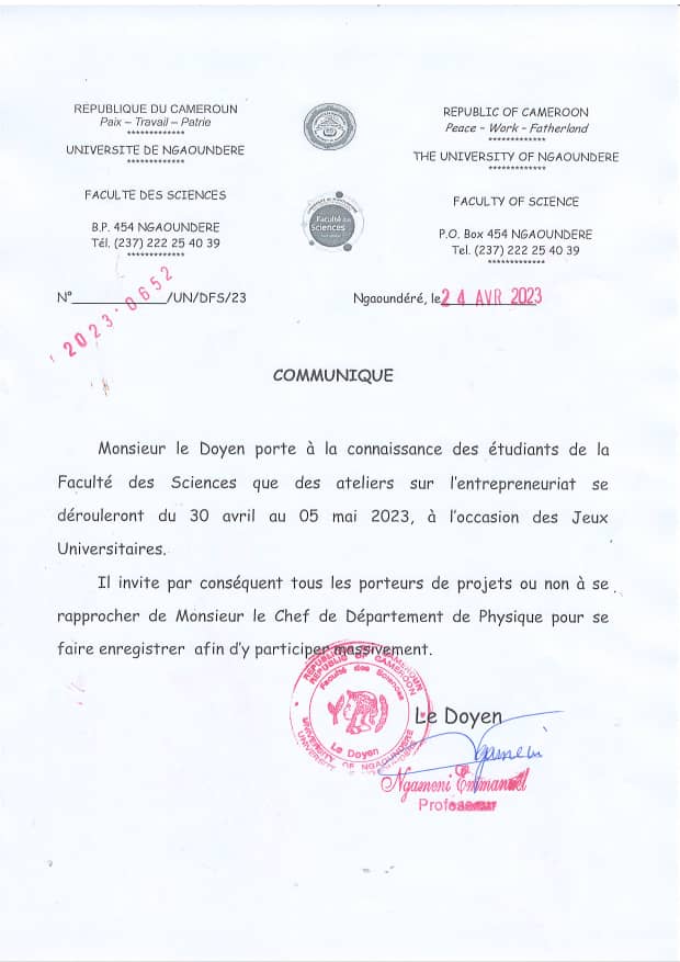 FSUnivNdere's tweet photo. Monsieur le Doyen porte à la connaissance des étudiants de la Faculté des sciences que des ateliers sur l'entrepreneuriat se dérouleront du 30 Avril au 05 mai 2023, à l'occasion des Jeux Universitaires. https://t.co/haNA3Avk0o