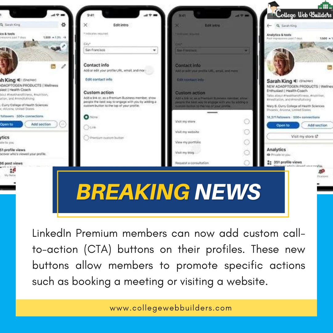 Collegewebbuil1's tweet photo. LinkedIn Premium offers custom CTA buttons on profiles.
https://t.co/Ex4SV8KRBm
#collegewebbuilders #news #LinkedInPremium #CustomCTA #ProfileBoost #ProfessionalNetworking #MarketingStrategy https://t.co/aRIryh1AtB