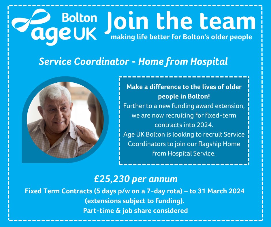 ageukbolton's tweet photo. Our flagship home from Hospital service is recruiting!
Be part of the team making life better for Bolton's older people.
Apply here: https://t.co/m0DkzVBvXP
#HomefromHospital #ServiceCoordinator #AgeUK #Bolton #Jobs #Work #Opportunity https://t.co/Y8UJaZTMsC