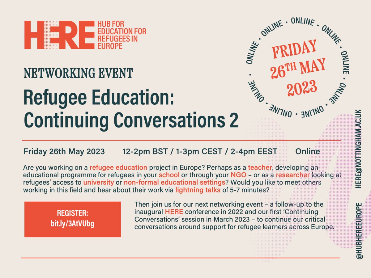 hubHEREeurope's tweet photo. 📅 After the success of our first networking session in March, we're holding another!

Join us to hear about refugee education projects from across Europe and connect with others in the field.

26th May, 12pm BST / 1pm CEST / 2pm EEST

Info/register: https://t.co/vaCIAsce1D https://t.co/w7uwH9Dpm0