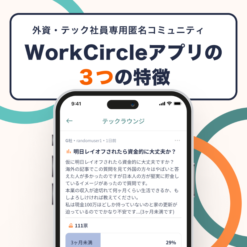 workcircle_jp's tweet photo. WorkCircleの特徴を３つご紹介 💁
約3000人が参加しているワークサークルは #外資 や #テック企業 社員専用の匿名コミュニティアプリ。キャリア、年収、レイオフ、プライベートの話など、社内や人前では相談しづらいトピックも、匿名だからどんどん聞けます 。詳細はスワイプしてチェック👈