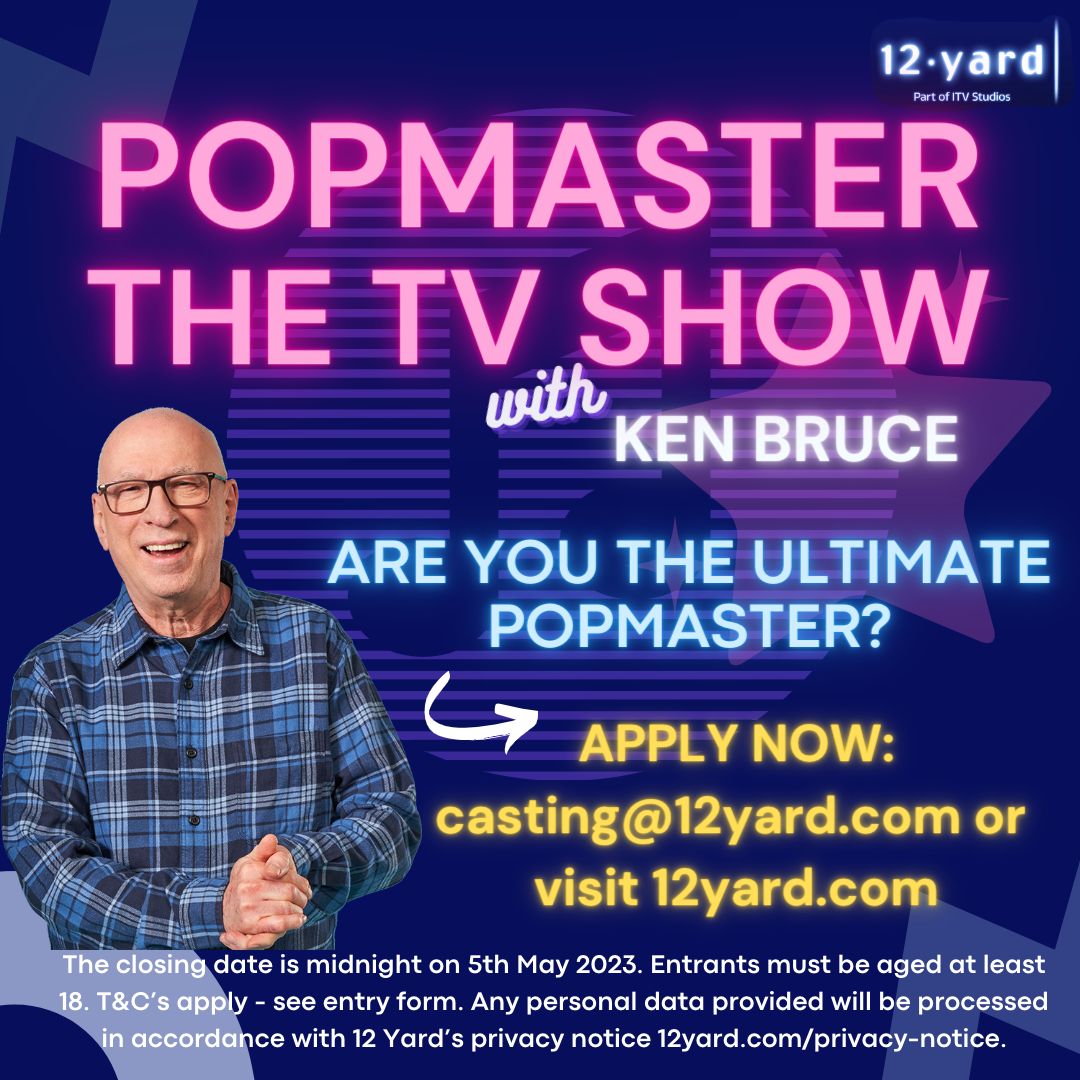 12YardCasting's tweet photo. Think you know your Cure from your Capaldi? Your Dr Dre from your Dr Beat? Put yourself to the test and apply for @PopmasterTM the TV SHOW with @RealKenBruce! Apply at https://t.co/mXCd4bGsDF
#tvcasting #pop #popmaster #kenbruce #more4 #12yard https://t.co/57p1hL3A14