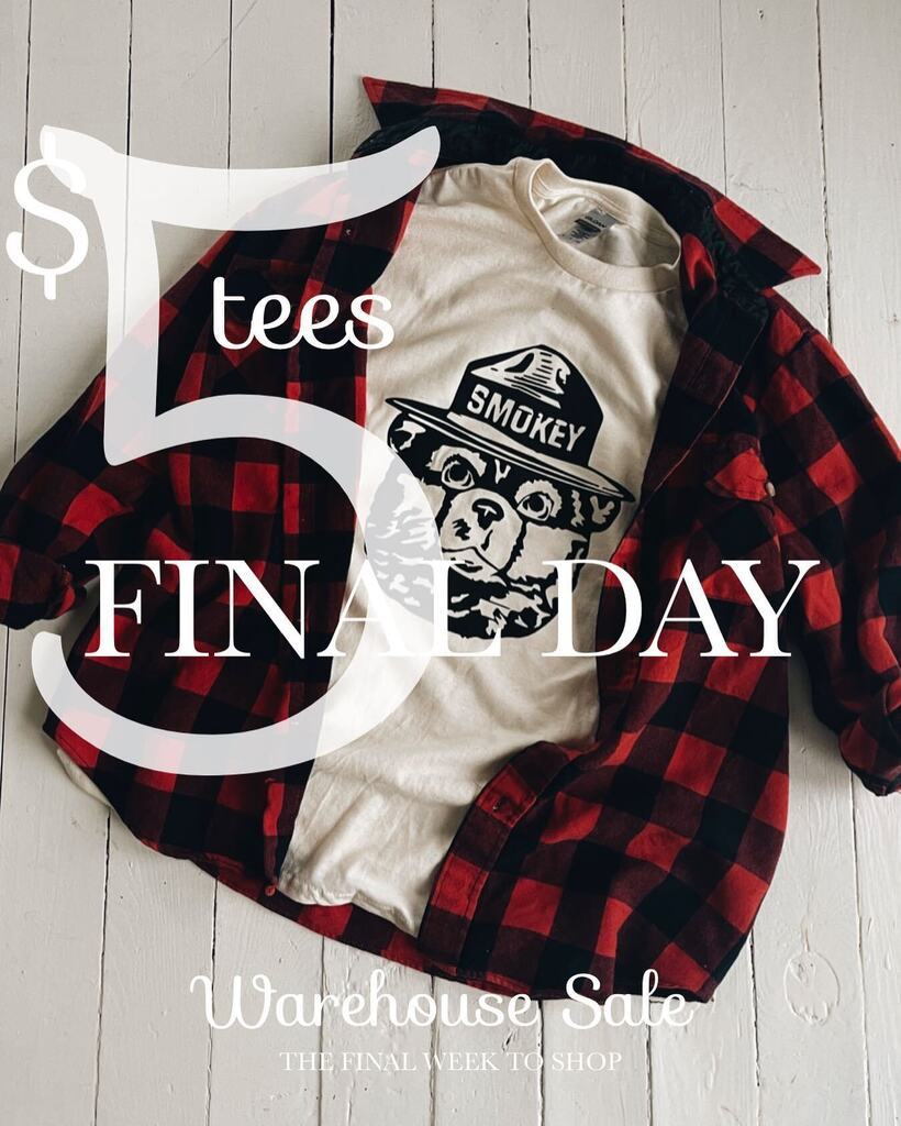 …and just like that, it’s the final day for the $5 tees. Piles are being mailed each day, but it’ll still be a few weeks before we’re totally caught up. The warehouse sale ends this weekend, but today ends the $5 tees. THANK YOU! instagr.am/p/CrfyFJXOZbt/