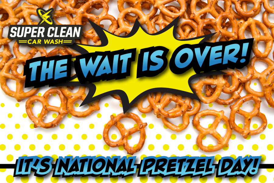 SuperCleanTunn's tweet photo. The wait is over!! It’s National Pretzel Day!!

Stop by any of our three convenient locations to get a free bag of pretzels (while supplies last). Also, watch for "Lightning", our Fearless Mascot; he's been known to love Pretzels! 

#SuperClean  #CarWash #NationalPretzelDay 🥨 https://t.co/wx7gIkpZC2