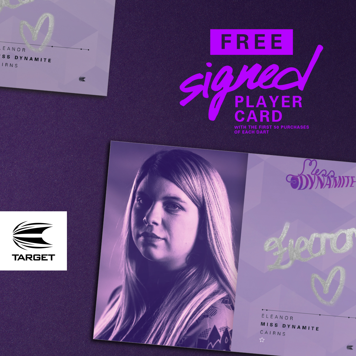 TargetDarts's tweet photo. 🟣 SIGNED CARDS! 🚀

The first 50 orders of the @eleanor15042 and @LukeTheNuke180 Gen 1 darts will also include a signed card from the  World Champions!

Miss Dynamite: https://t.co/AuilRER2yW
The Nuke: https://t.co/l2G22oMRUV

#TargetAprilLaunch https://t.co/Aq3VnWSq8F