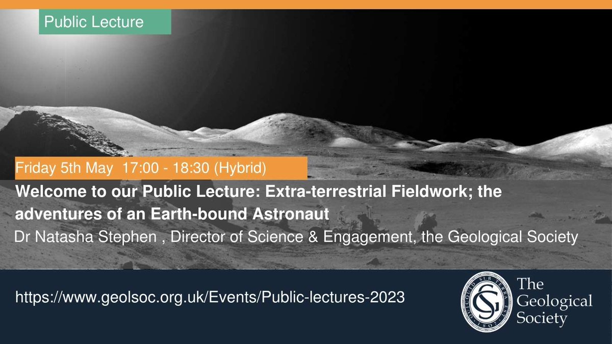 GeolSoc's tweet photo. 🌑 Don't miss our #free hybrid public lecture, 'Extra-terrestrial Fieldwork; the adventures of an Earth-bound Astronaut.'
 at Burlington House on Friday 5 May at 17.00. Find out more: https://t.co/4ufoDqPAj6
#GSLlecture https://t.co/WwOU8A1q6G