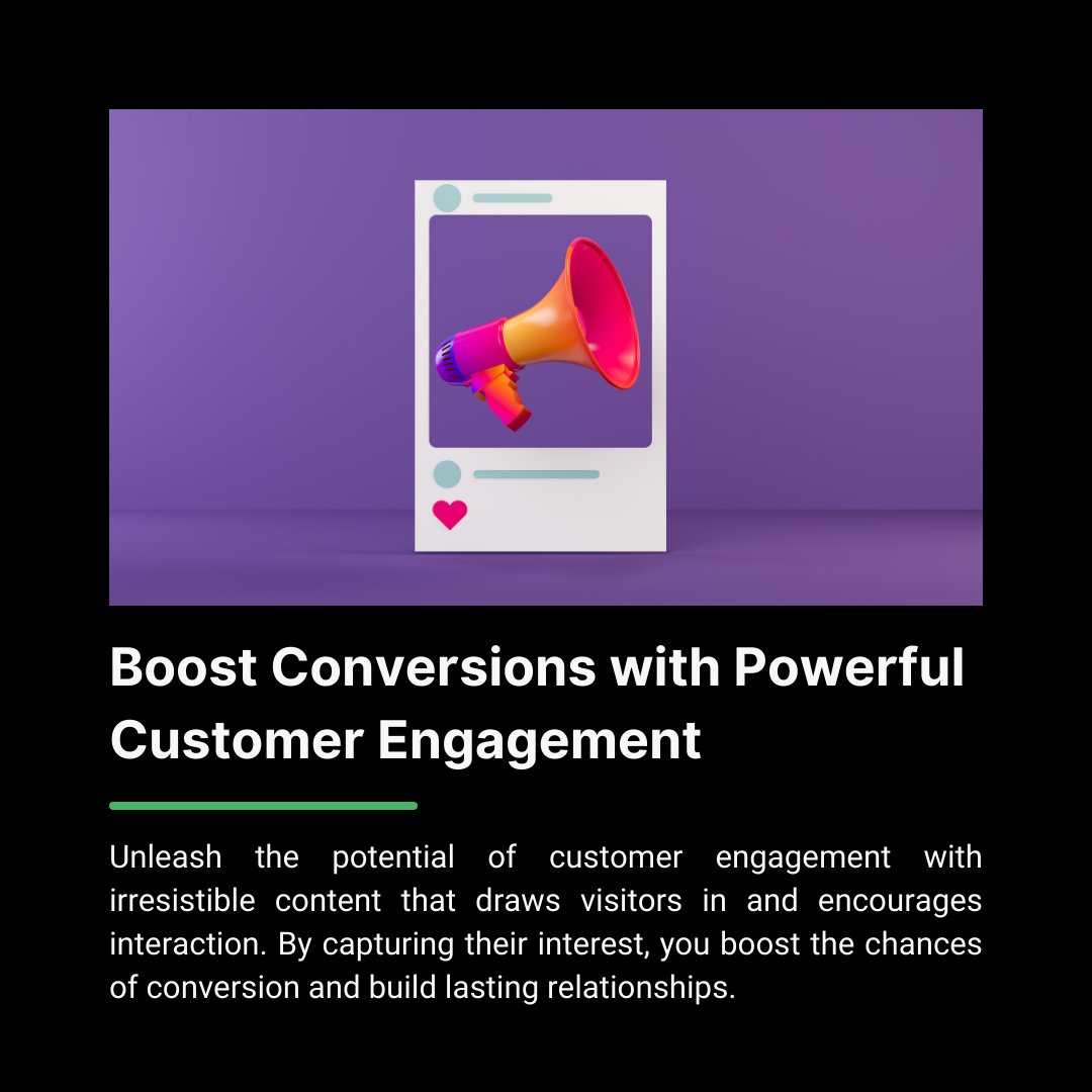 Create content that makes hearts race! 💖✨ Ignite genuine customer engagement, unlock powerful connections, and witness your conversion rates soar. Give your brand the voice it deserves  🎩🌟 #CaptivatingContent #CustomerEngagement #ConversionPowerhouse