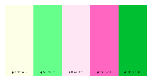 ColPaletteBot's tweet photo. Beep beep, here's a pretty color palette for you!
color-scheme.js parameters used:
- hue: 337
- variation: hard
- colors: #fdffe6, #66ff8c, #ffe6f5, #ff66c1, #00bf30
Have a lovely day!
#twitterbot #colorpalette #colors #palette #prettycolors https://t.co/3sPAVX2ORc