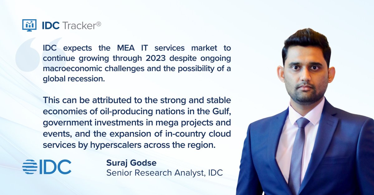 IDCMEA's tweet photo. IT &amp; Business Services Spending in the Middle East &amp; Africa Set for Continued Growth Despite Looming Prospect of Recession.
Suraj Godse @IDC shares further insights at: https://t.co/E7WhuCKQ5V  
#IDCTracker #IDCData https://t.co/FCIbunhGCL