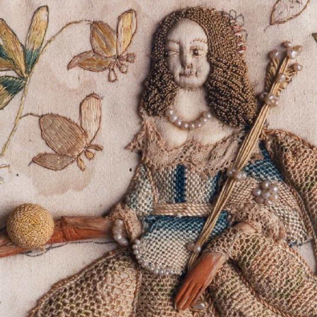 NorwichCastle's tweet image. This embroidery (1660-65) depicts a mythological scene, where Trojan prince Paris judges Aphrodite, goddess of love, to be the fairest of all – a moment that will cast Troy and Greece into 10 years of war. Enjoy the 17th C dress, especially Paris' fantastic Carolingian moustache!