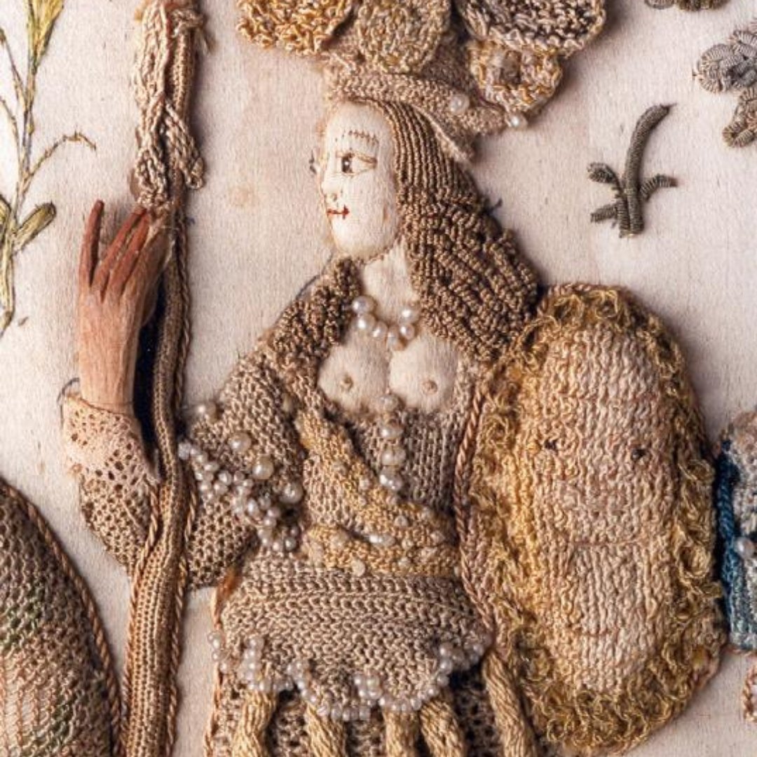 NorwichCastle's tweet image. This embroidery (1660-65) depicts a mythological scene, where Trojan prince Paris judges Aphrodite, goddess of love, to be the fairest of all – a moment that will cast Troy and Greece into 10 years of war. Enjoy the 17th C dress, especially Paris' fantastic Carolingian moustache!