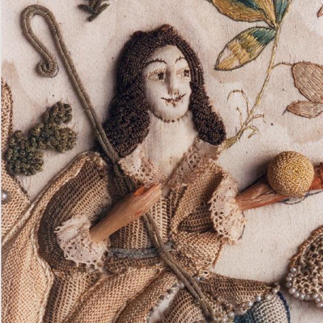 NorwichCastle's tweet image. This embroidery (1660-65) depicts a mythological scene, where Trojan prince Paris judges Aphrodite, goddess of love, to be the fairest of all – a moment that will cast Troy and Greece into 10 years of war. Enjoy the 17th C dress, especially Paris' fantastic Carolingian moustache!
