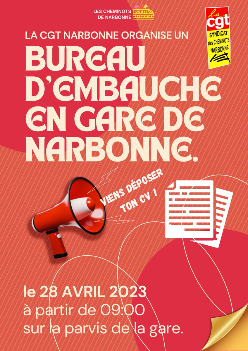 cgt_cheminotsna's tweet photo. Bureau d'embauche CGT ! Rdv le 28 avril à partir de 09h00 sur le parvis de la gare.
@lacgtcommunique 

#embauches #recrutements #cgt #cheminots https://t.co/tCBC6Vh7Nu