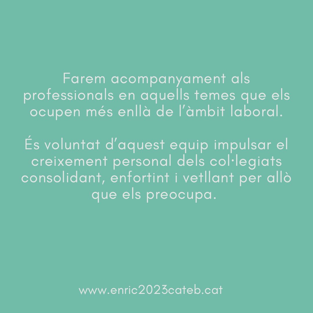 enric2023cateb's tweet photo. Farem acompanyament als professionals en aquells temes que els ocupen  més enllà de l’àmbit laboral. És voluntat d’aquest equip impulsar el creixement personal dels col·legiats consolidant, enfortint i vetllant per allò que els preocupa #professionalscomtu https://t.co/bEEJl7wbpO https://t.co/JIobZqqiR9