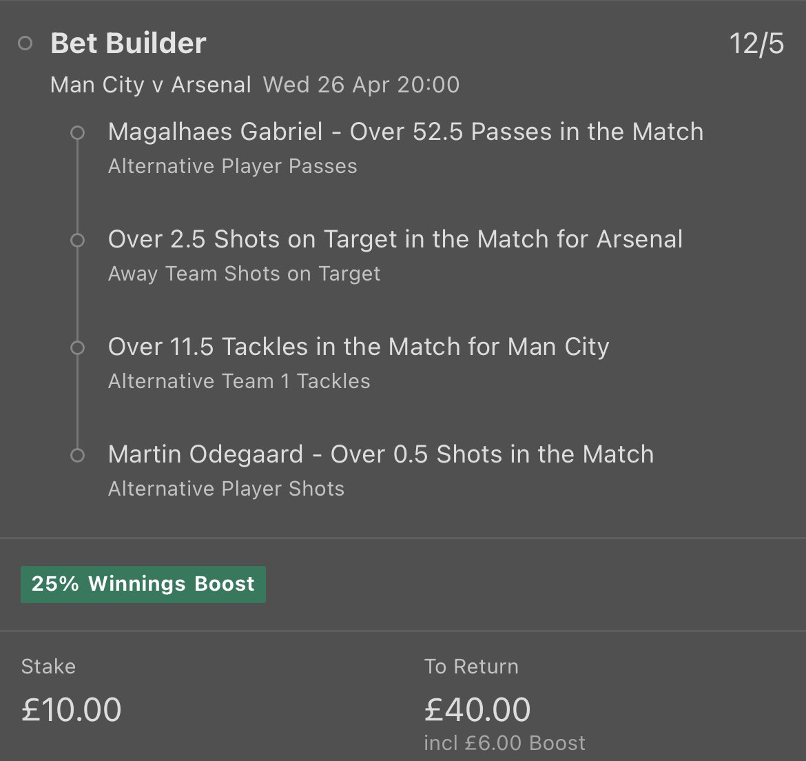 BLBAtips's tweet photo. 💰 £10 returns £40!
🌎 Man City vs Arsenal 

Gabriel passes: 80, 77, 29, 84, 66, 50

Arsenal shots on target: 6, 5, 5, 6, 5, 7

Arsenal opponent tackles: 22, 17, 22, 21, 18, 14

Odegaard shots: 3, 2, 1, 0, 3, 2

GIVING AWAY THE FULL WINNINGS TO SOMEONE WHO ❤️ LIKES THIS TWEET! https://t.co/mwihDYf4Ld