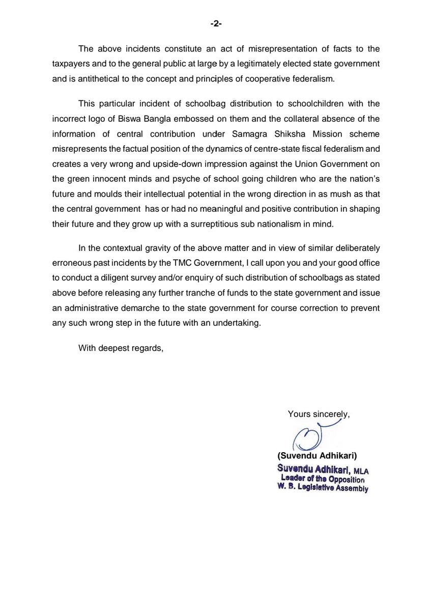 SuvenduWB's tweet photo. I have written a letter to Union Education minister @dpradhanbjp ji complaining against @Mamataofficial govt for distribution of schoolbags under centrally-funded 'Samagra Shiksha Mission' without mentioning contribution of the central govt and using this scheme for her personal political benefits using the 'Biswa Bangla' logo on the schoolbags.