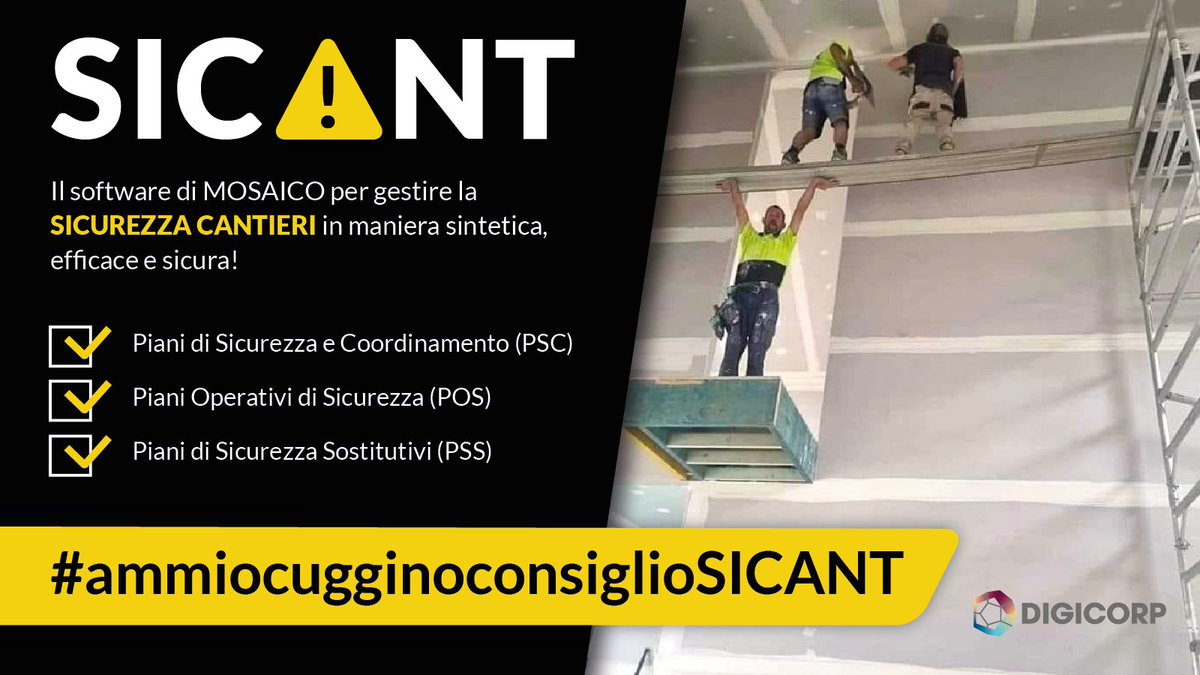 Diamo il via a una serie di post con slogan #ammiocugginoconsigliosicant! Di cosa si tratta? #ammiocuggino fa riferimento ai #lavori eseguiti da cugini fatti male e non a norma!

Oggi #ammiocuggino consigliamo SICANT il software per la #sicurezzacantieri.

digicorp.it/suitemosaico/s…