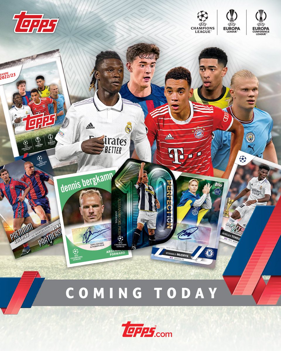 Topps_UK's tweet image. ⏳ Topps UCC 2022/23 drops THIS AFTERNOON on uk.Topps.com

Here’s just some of the hits to look out for!
✅ Premium Partnerships
✅ 1959 Topps Autographs 
✅ Perfection10n
✅ Rookie Autographs
✅ Future Stars

#topps #toppsflagship #soccercards