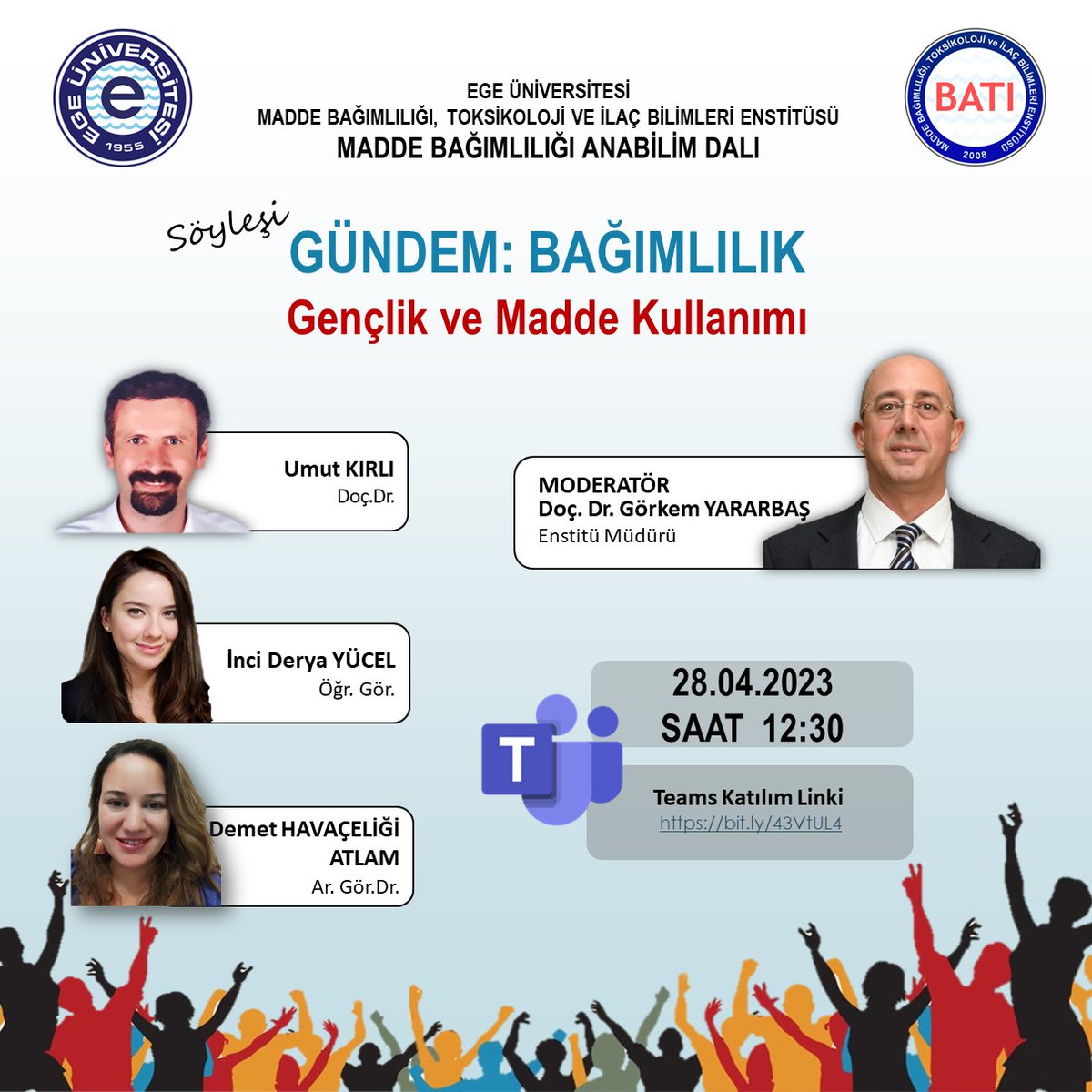 EgeBati's tweet photo. Gündem Bağımlılık söyleşilerinin Nisan ayı konusu "Gençlik ve Madde Kullanımı". Etkinliğimiz 28 Nisan Cuma günü saat 12.30'da Teams üzerinden gerçekleşecektir. https://t.co/6ZiJo55DVu
@profdrnecdetbudak @universiteege #egeuniversite @egeajans87 https://t.co/BJjaisGEQZ