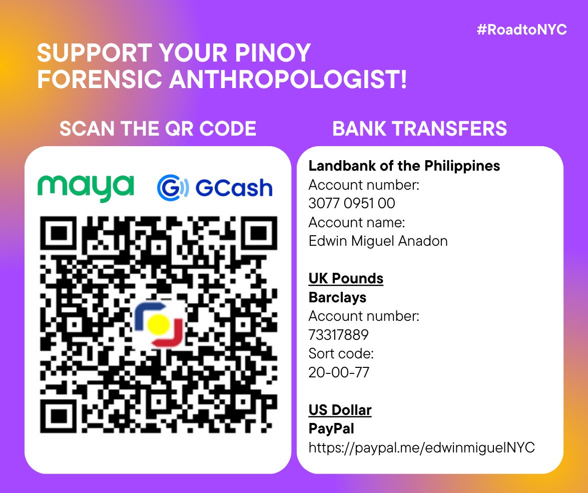 Edweeeeeeen's tweet photo. Support your Pinoy Forensic Anthropologist! 🇵🇭

Hello, twitter! I am fundraising for an upcoming IMPORTANT endeavor:

I was selected by the Forensic Anthropology Unit of the New York City – Office of Chief Medical Examiner (NYC-OCME) as their Visiting Scientist for November! 🇺🇸🗽 https://t.co/7xZPTZqCxi